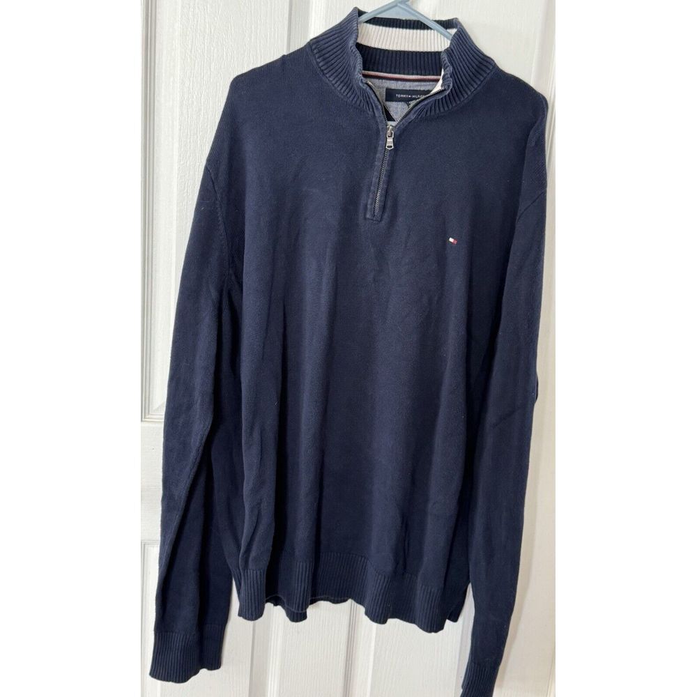 VTG Tommy Hilfiger Mens Sweater 2XL‎ Navy Blue Mock Neck 1/4 Zip premium cotton